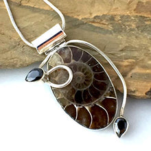 Load image into Gallery viewer, Authentic Well-Preserved AMMONITE Fossil and Black Onyx Gemstones, 925 Sterling Silver, Designer Pendant (1.5" Long) Jewelry with FREE Silver Chain.