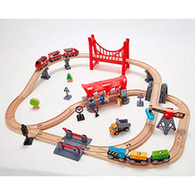 Load image into Gallery viewer, Hape Busy City Train Rail Set | Complete City Themed Wooden Rail Toy Set for Toddlers with Passenger Train, Freight Train, Station, Play Figurines, and More, Multicolor, Model:E3730