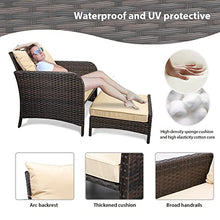 Load image into Gallery viewer, LeveLeve Balcony Furniture 5 Piece Patio Conversation Set, PE Wicker Rattan Outdoor Lounge Chairs with Soft Cushions 2 Ottoman&Glass Table for Porch, Lawn-Brown Wicker (Sand)