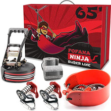 Load image into Gallery viewer, Fofana Ninja Slider Slackline Pulley Kit - 65 Ft. Slack Line Zip Ninja Course - Includes Slackline, 2X Slider Pulley, and Swing - Ninja Warrior Obstacle Course for Kids - Sports & Outdoor Play Toys