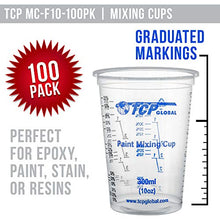 Load image into Gallery viewer, TCP Global 10 Ounce (300ml) Disposable Flexible Clear Graduated Plastic Mixing Cups - Box of 100 Cups & 50 Mixing Sticks - Use for Paint, Resin, Epoxy, Art, Kitchen - Measuring Ratios 2-1, 3-1, 4-1 ML