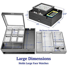 Load image into Gallery viewer, HOUNDSBAY Commander Dresser Valet Watch Box Case & Mens Jewelry Box Organizer with Smartphone Charging Station (Black/Gray)