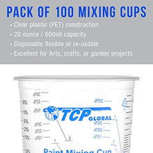 Load image into Gallery viewer, TCP Global 20 Ounce (600ml) Disposable Flexible Clear Graduated Plastic Mixing Cups - Box of 100 Cups & 50 Mixing Sticks - Use for Paint, Resin, Epoxy, Art, Kitchen - Measuring Ratios 2-1, 3-1, 4-1 ML