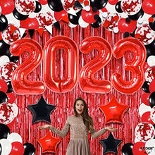 Load image into Gallery viewer, Huge, Happy New Year Decorations 2023 - Pack of 132 | Red 2023 Balloons, New Years Eve Party Supplies 2023 | New Years Balloon Garland | Red Fringe New Years Backdrop, Red and Black Party Decorations