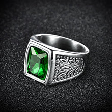 Load image into Gallery viewer, MASOP Titanium Steel Statement Ring Green Square Zircon Vintage Silver Tone Size 12