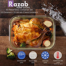 Load image into Gallery viewer, Razab 35 Pc Set Glass Food Storage Containers with Lids - Glass Meal Prep Containers Airtight Glass Bento Boxes BPA-Free 100% Leak Proof (15 lids,15 glass & 5 Plastic Sauce/Dip Containers)