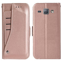 Load image into Gallery viewer, Asuwish Compatible with Samsung Galaxy J1 2016/Amp 2/Express 3/Luna Wallet Case Wrist Strap Lanyard Leather Flip Cover Card Holder Stand Cell Accessories Phone Cases for Glaxay Amp2 SM-J120A Rose gold
