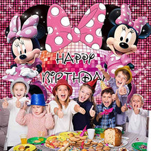 Load image into Gallery viewer, Minnie Mouse Backdrop Party Supplies Photography Backdrop Mickey 1st 2nd 3rd Birthday Background Princess Girls Hot Pink Decoration for Kids Banner Photo Studio Props 7x5Ft