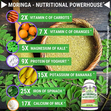 Load image into Gallery viewer, Moringa Oleifera 180 Capsules – 100% Pure Leaf Powder - Max 1000mg Per Serving - Complete Green Superfood Supplement - Full 3 Month Supply - Pure Miracle Tree Moringa Super Greens Powder Vegan Caps