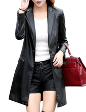 Load image into Gallery viewer, Tanming Womens PU Faux Leather Jacket Casual Lapel Long Suit Trench Coat Outerwear (Black-L)