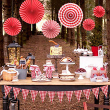 Load image into Gallery viewer, Red and White Checkered Gingham Pennant Banner with Hanging Paper Fans Set for Picnic BBQ Birthday Wedding Party Decoration