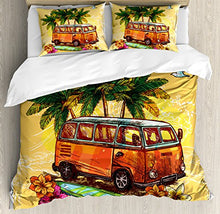 Load image into Gallery viewer, Ambesonne Surf Duvet Cover Set, Hippie Classic Old Bus with Surfboard Freedom Holiday Exotic Life Sketchy Art, Decorative 3 Piece Bedding Set with 2 Pillow Shams, Queen Size, Yellow Orange
