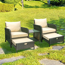 Load image into Gallery viewer, LeveLeve Balcony Furniture 5 Piece Patio Conversation Set, PE Wicker Rattan Outdoor Lounge Chairs with Soft Cushions 2 Ottoman&Glass Table for Porch, Lawn-Brown Wicker (Sand)