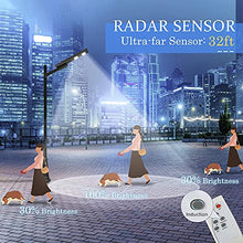 Load image into Gallery viewer, LOVUS 100W Commercial Solar Street Light Dusk to Dawn with Radar Sensor and Remote Control, Two Mount Ways Wall/Pole, IP65 Waterproof Solar Lights for Garden,Parking Lot