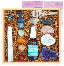 Load image into Gallery viewer, Premium Healing Crystals Full Gift Set/Includes 7 Chakra tumbles, Crystal Pendulum, Amethyst Cluster, Raw Rose Quartz, and Crystal Point/Bohemian Meditation Kit