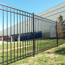 Load image into Gallery viewer, XCEL - Black Steel Anti-Rust Fence Panel - Flat End Picket - 6.5ft W x 5ft H - Easy Installation Kit, Outdoor Residential Fencing for Yard, Garden, Concrete, 3-Rail Metal Fence, Include a Fence Post
