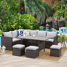 Load image into Gallery viewer, Wisteria Lane Patio Furniture Set,7 Piece Outdoor Dining Sectional Sofa Couch with Dining Table and Chair, All Weather Deck Wicker Conversation Set with Cushion, Grey