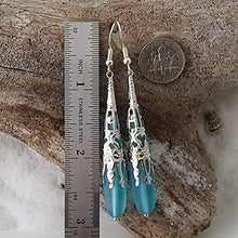 Load image into Gallery viewer, Handmade jewelry from Hawaii,"long teardrop" Turquoise Bay blue sea glass earrings,"December Birthstone", (Hawaii Gift Wrapped, Customizable Gift Message)