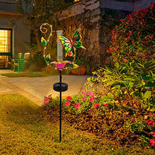 Load image into Gallery viewer, Juegoal 31.5 Inch Rain Gauge, Solar Powered Lighted Butterfly Garden Stakes Decor with 16 LED Warm White Copper Lights, Metal Yard Art Outdoor Lawn Pathway Patio Decorations