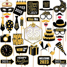 Load image into Gallery viewer, New Years Eve Photo Booth Props 2023 - Pack of 35 | Shiny New Years Photo Booth Props 2023 | New Years Eve Party Supplies 2023 | NYE Decorations 2023 | Happy New Year Decorations 2023, Little DIY