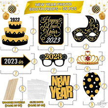 Load image into Gallery viewer, New Years Eve Photo Booth Props 2023 - Pack of 35 | Shiny New Years Photo Booth Props 2023 | New Years Eve Party Supplies 2023 | NYE Decorations 2023 | Happy New Year Decorations 2023, Little DIY