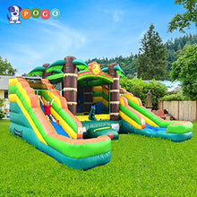 Load image into Gallery viewer, Crossover Tropical Inflatable Bounce House Double Slide 16.5 x 15 x 11 Foot - Big Inflatable Water Slide Bouncer House Combo for Kids - Outdoor Party Bounce House with Blower, Stakes, & Storage Bag