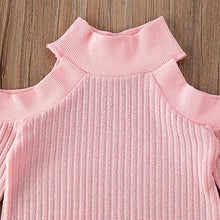 Load image into Gallery viewer, Kids Baby Girls Outfits Off Shoulder Sweater Tops+PU Leather Mini Skirt 2PCS Set Winter Clothes(Pink+Black, 18Months-2 T)