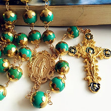 Load image into Gallery viewer, elegantmedical Handmade Gold XL 10MM Turquoise Beads Catholic AVE Maria 5 Decade Rosary Necklace Cross Crucifix Mens Womens Religious Gift