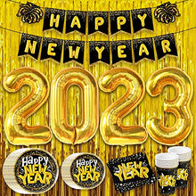 Load image into Gallery viewer, Huge, New Years Eve Party Supplies 2023 - Pack of 108 | Glitter Happy New Year Banner, 10 Feet Gold Foil Fringe Curtain | 40 Inch, 2023 Balloons Gold | New Years Plates and Napkins and Cups, Serves 25