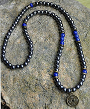 Load image into Gallery viewer, Men Hematite Necklace,Lucky Coin Mens Gemstone Necklace,Lapis Lazuli Necklace,Boho Zen Necklace, Grounding Buddhist Necklace,Protection Necklace,