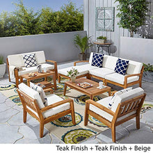 Load image into Gallery viewer, Great Deal Furniture Sally 7-Seater Sectional Sofa Set for Patio with Loveseat, Club Chairs, Ottoman, and Coffee Tables, Acacia Wood, Teak Finish with Beige Outdoor Cushions