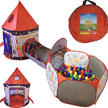 Load image into Gallery viewer, Playz 3pc Rocket Ship Astronaut Kids Play Tent, Tunnel, & Ball Pit with Basketball Hoop Toys for Boys, Girls, Babies, and Toddlers - STEM Inspired Educational Galactic Spaceship Design w/ Planets