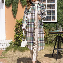 Load image into Gallery viewer, Long Plaid Cardigan For Women Long Sleeve Lapel Button Down Plaid Trench Coat ShirtFall Winter Jackets(21-Color green,S)