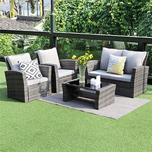 Load image into Gallery viewer, Wisteria Lane 4 Piece Outdoor Patio Furniture Sets, Wicker Conversation Set for Porch Deck, Gray Rattan Sofa Chair with Cushion