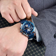 Load image into Gallery viewer, MEGIR Men Business Analogue Quartz Watch with Fashion Blue Leather Strap Chronograph Luminous Auto Calendar for Sport & Work 2074 Blue