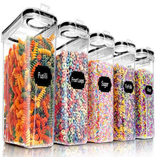 Load image into Gallery viewer, 5PCS Cereal Containers Storage Set, PRAKI BPA Free Airtight Food Storage Container Set with Lids, Kitchen Pantry Organization and Storage for Sugar, Baking Supplies with 20 Labels & Mark(4L Black)