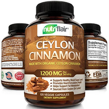 Load image into Gallery viewer, NutriFlair Ceylon Cinnamon (Made with Organic Ceylon Cinnamon) 1200mg per Serving, 120 Capsules - Healthy Blood Sugar Support, Joint Support, Anti-inflammatory & Antioxidant - True Sri Lanka Cinnamon