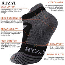 Load image into Gallery viewer, 90% Merino Wool Socks Men and Women, RTZAT No Show Low Cut 3 Pairs Cushioned Athletic Moisture Wicking Running Ankle Sock,Black&Dark Gray, Medium