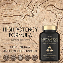 Load image into Gallery viewer, Panax Ginseng and Rhodiola Rosea 2000mg - Korean Ginseng High Strength 60 Capsules - Herbal Supplement for Men & Women - Energy Complex with Ginseng Root Extract Standardized 7% Ginsenosides - US Made
