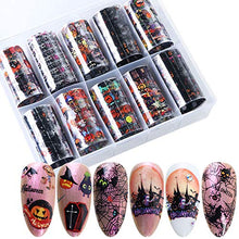 Load image into Gallery viewer, Halloween Nail Art Foils Fall Nail Foil Transfer Stickers, 10Rolls Holographic Nail Foil Decals Nails Art Supplies Halloween Pumpkin Skull Spider Web Ghost Design Sticker for Manicure Tips Decorations