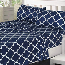 Load image into Gallery viewer, Utopia Bedding Printed Bed Sheet Set - 1 Fitted Sheet, 1 Flat Sheet and 2 Pillowcases - Soft Brushed Microfiber Fabric - Shrinkage and Fade Resistant (Queen, Navy Quatrefoil with White Pattern)
