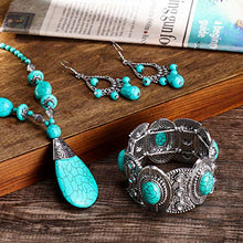 Load image into Gallery viewer, Hicarer 3 Pieces Bohemian Turquoise Set Turquoise Pendant Necklace, Vintage Turquoise Dangle Earrings, Stretchable Turquoise Bracelet for Women Statement Boho Jewelry Set