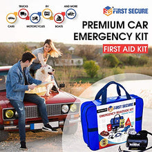 Load image into Gallery viewer, Car Emergency Safety Kit Bag with Portable Air Compressor, First Aid Kit, Heavy Duty Roadside Auto Emergency Kits Jumper Cables Tow Strap Tire Pressure Gauge, Headlamp, for Women, Men, Teen