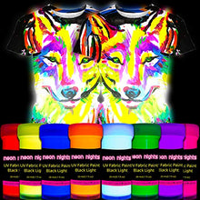 Load image into Gallery viewer, Fabric & Textile UV Paint Set | Set of 8 Neon Black Light Glow Paints | Fluorescent Clothing Colors | Glowing Fabric Paints