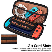 Load image into Gallery viewer, ibeacos Leather Game Traveler Deluxe Travel Case Console Protective Sleeve Accessories Storage Bag With 12 Build-in Game Card Holders And Mesh Zipper Pocket for Nintendo (Coffee)