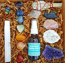 Load image into Gallery viewer, Premium Healing Crystals Full Gift Set/Includes 7 Chakra tumbles, Crystal Pendulum, Amethyst Cluster, Raw Rose Quartz, and Crystal Point/Bohemian Meditation Kit