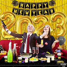 Load image into Gallery viewer, Huge, New Years Eve Party Supplies 2023 - Pack of 108 | Glitter Happy New Year Banner, 10 Feet Gold Foil Fringe Curtain | 40 Inch, 2023 Balloons Gold | New Years Plates and Napkins and Cups, Serves 25