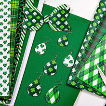 Load image into Gallery viewer, Whaline 12Pcs St. Patrick's Day Faux Leather Sheet Green Plaid Shamrock Clover Lichee Pattern Synthetic Leather Glittery Green Gold Fabric Crafts for Earring Hair Bow Holiday Craft Gift DIY, 8 x 12"