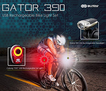 Load image into Gallery viewer, BLITZU Gator 390 USB Rechargeable LED Bike Light Set, Bicycle Headlight Front & Free Rear Back Tail Light. Waterproof, Easy to Install for Kids Men Women Road Cycling Safety Commuter Flashlight Black