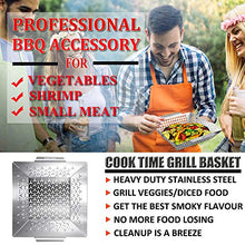 Load image into Gallery viewer, Cook Time BBQ Grill Vegetable Basket Stainless Steel Grilling Woks-Non Stick Large Veggie Barbecue Accessory for Outdoor Grill,Heavy Duty 1.5X Thicker,13.75X12X2.5inches